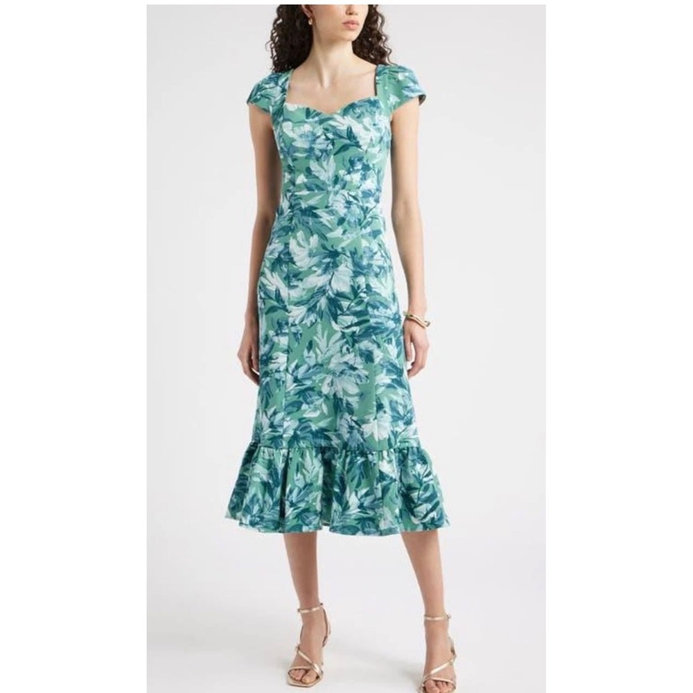 Chelsea28 floral midi dress sweetheart neckline, cap sleeves‎ flounced hem NWT S
